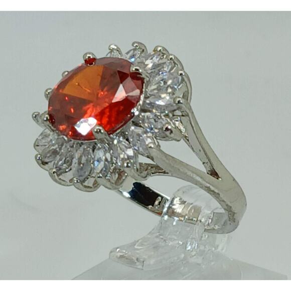 Vintage Ring Size 6.5 Silver Tone White Gold GP Orange CZ Cluster Cocktail NOS - Picture 7 of 9